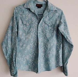 Ariat Blue Floral Embroider Western Shirt Pearl Snap Cowgirl Rodeo Farm Festival